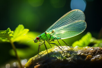 A delicate lacewing insect is perched