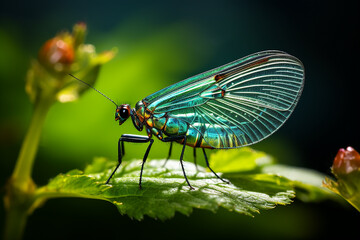 A delicate lacewing insect is perched