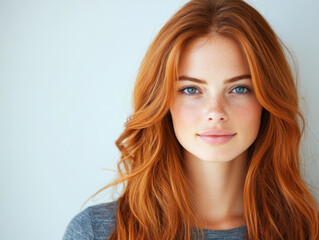Naklejka premium A young woman stands confidently with flowing red hair and captivating blue eyes