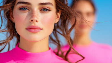 Young women enjoying a sunny day at the beach while wearing bright swim apparel