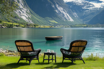 Green lawn with rattan chairs facing each other overlooking the lake mountains