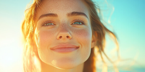 Young woman smiling joyfully during sunset by the beach with golden sunlight illuminating her face
