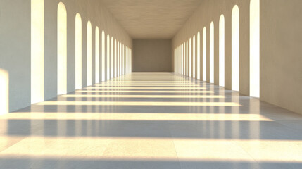 Obraz premium Bright architectural hall with arched windows casting long shadows on a polished floor