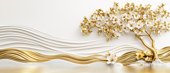 3D Wallpaper with White-Gold Background Gold Tree and Flower on Right White Silk Fabric on Left,and Water Reflection