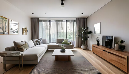 The living room with a minimalist concept, using a neutral color palette