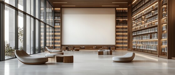Modern public library interior with minimalist design, blank white wall template for art display, wooden bookshelves, and sleek furniture, 3D rendering