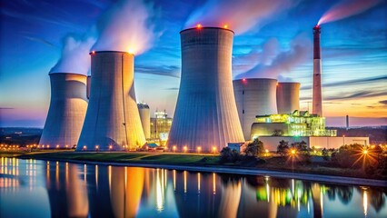 Nuclear Power Plant at Night illuminated with lights on structures and cooling towers Close-Up