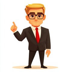 A cartoon businessman in a suit, gesturing with one finger raised.