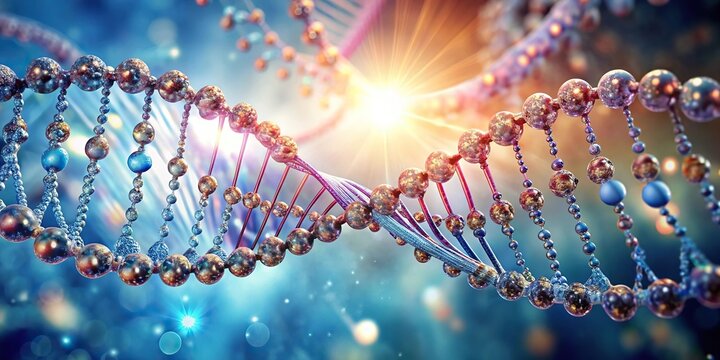 Nutrigenomics DNA helix with nutrient molecules in tranquil chromatics wide-angle