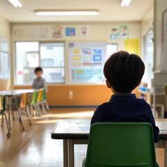 A young boy sits at a desk in a classroom, looking towards the front of the room, with another...