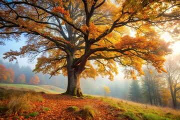 Fototapeta premium Oak tree in autumn forest with foggy background