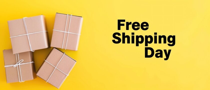 Free Shipping Day advertisement with brown packages on yellow background