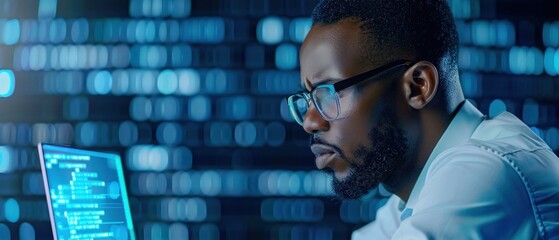 Focused developer working on code at night with computer screen and digital background