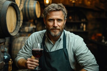 Man with a beard is holding a glass of red wine. He is smiling and he is enjoying himself. man with beard in green apron holding glass of red wine near beer keg and wooden barrel against old wall