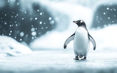 Fototapeta premium 2d In the picture, a penguin walks steadily in the snow, captured by high-definition photography. In a white and flawless snow background,