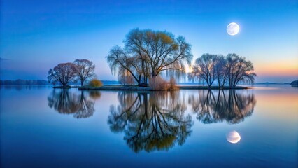 Twilight scene of island reflected in lake