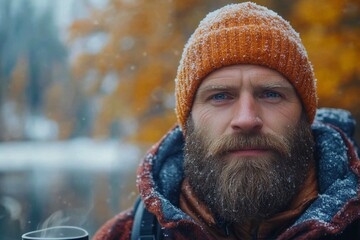 Man wearing a yellow hat and a scarf holding a cup of coffee. He has a beard and a smile on his face. bearded man, autumn background, cozy flannel blanket, steaming hot mug