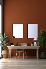 Modern home office setup with minimal decor and warm brown walls