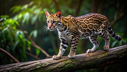 Obraz premium Ocelot walking on branch in dark forest