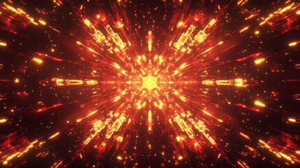 Obraz premium Abstract glowing orange and red starburst pattern with a central star in a dark background.