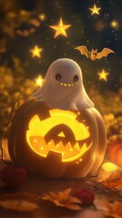 A tiny ghost peeking out from a glowing pumpkin, with smiling bats and stars softly illuminating the night sky.