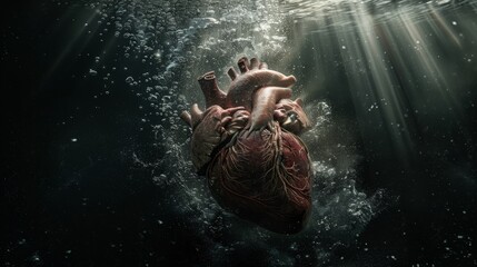 Obraz premium Dramatic aerial view of a decayed heart sinking into dark water with light beams and bubbles