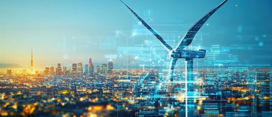 Innovative wind turbine in urban landscape showcasing renewable energy and smart technology integration for a sustainable future.