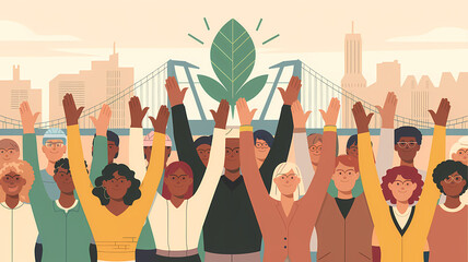 An illustration of a group of diverse people with their hands raised. The background contains a city with tall buildings and a bridge. The overall image has a warm hue.