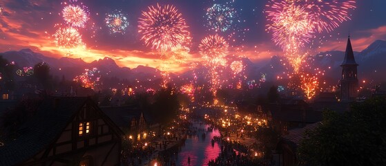 A night sky filled with fireworks bursting in colorful patterns, casting bright light over a lively holiday celebration