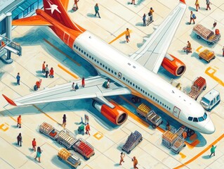 An airplane parked at a gate at an airport, with many passengers walking around, baggage carts, and a few workers.