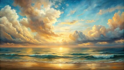 Obraz premium Oil painting of a tranquil ocean under a cloudy beige sky with depth of field effect