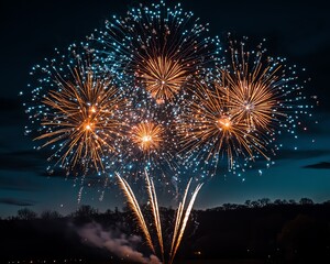 Fireworks lighting the night sky with bright bursts of color, creating a cheerful and lively atmosphere for New Years Eve and holiday festivities