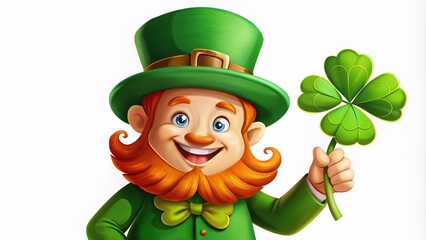  Smiling Leprechaun Holding Shamrock, Symbol of Luck and Irish Folklore