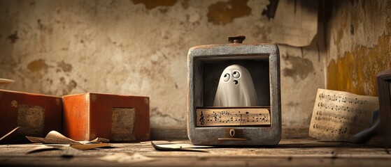 A ghost is sitting in a box with a clock on it