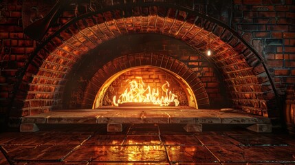 Obraz premium Cozy night scene a radiant red brick oven with roaring fire illuminating the surrounding area