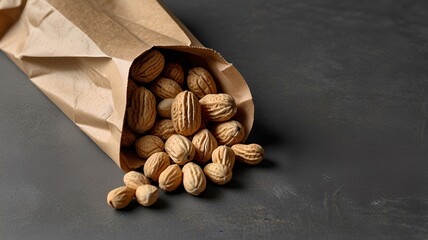 Paper bag with fresh unpeeled peanuts on grey table.