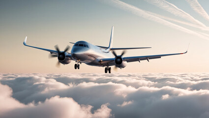Obraz premium Graceful Passenger Jet Soaring Through Soft Pastel Clouds A Serene and Realistic Portrayal of Modern Air Travel with Elegant Design and Tranquil Atmosphere
