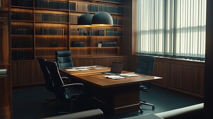 Modern minimalist office with wooden desk, chairs, and a table