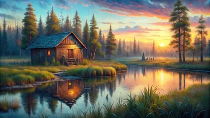 Obraz premium Oil painting of cabin on swamp at twilight