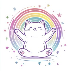 A serene cat sits in a peaceful yoga pose, surrounded by a vibrant, starry background. The scene radiates calmness and contentment.