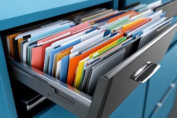 Colorful Document Filing, open drawer with organized folders, vibrant blue cabinet, efficient office storage solution