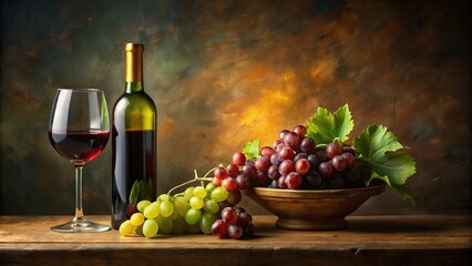 Fototapeta premium Oil painting of grapes, glass of wine, bottle of wine, leading lines