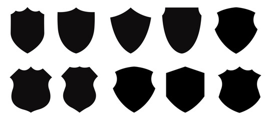 Police badge icon set. Black shield silhouettes for security and football patches