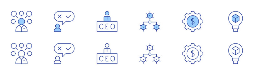 Fototapeta premium Manager icon set in two styles, Duotone and Thin Line style. Editable stroke. management, gear, idea, multitasking, candidate, ceo