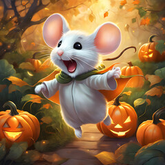 A mouse dressed as a ghost is running around the garden. The pumpkin is decorated with orange lights. The mouse has a white cloak that makes it look cute and exciting in the Halloween atmosphere.