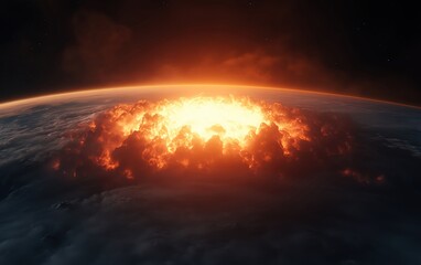 Dramatic view of an explosion on Earth from space, showcasing fiery clouds and intense colors.