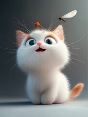 Fototapeta premium Cute Kitty's Close Encounter: A 3D Cartoon Cat Meets a Beautiful Insect in a Minimalist, Award-Winning Illustration