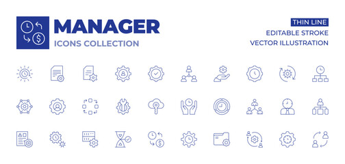 Manager icons collection. Thin Line icons, editable stroke. management, workflow, key, time management, contract, human resources, server, work in progress, folder