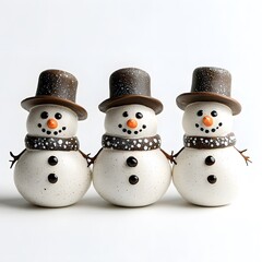 Adorable trio of clay snowmen with brown hats and scarves on white background