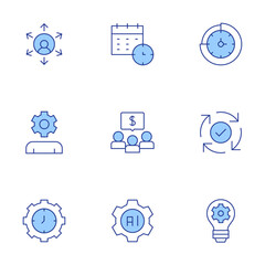 Manager icons set. Line Duotone style, editable stroke. process, time management, artificial intelligence, money, appointment, light bulb, outsourcing, manager